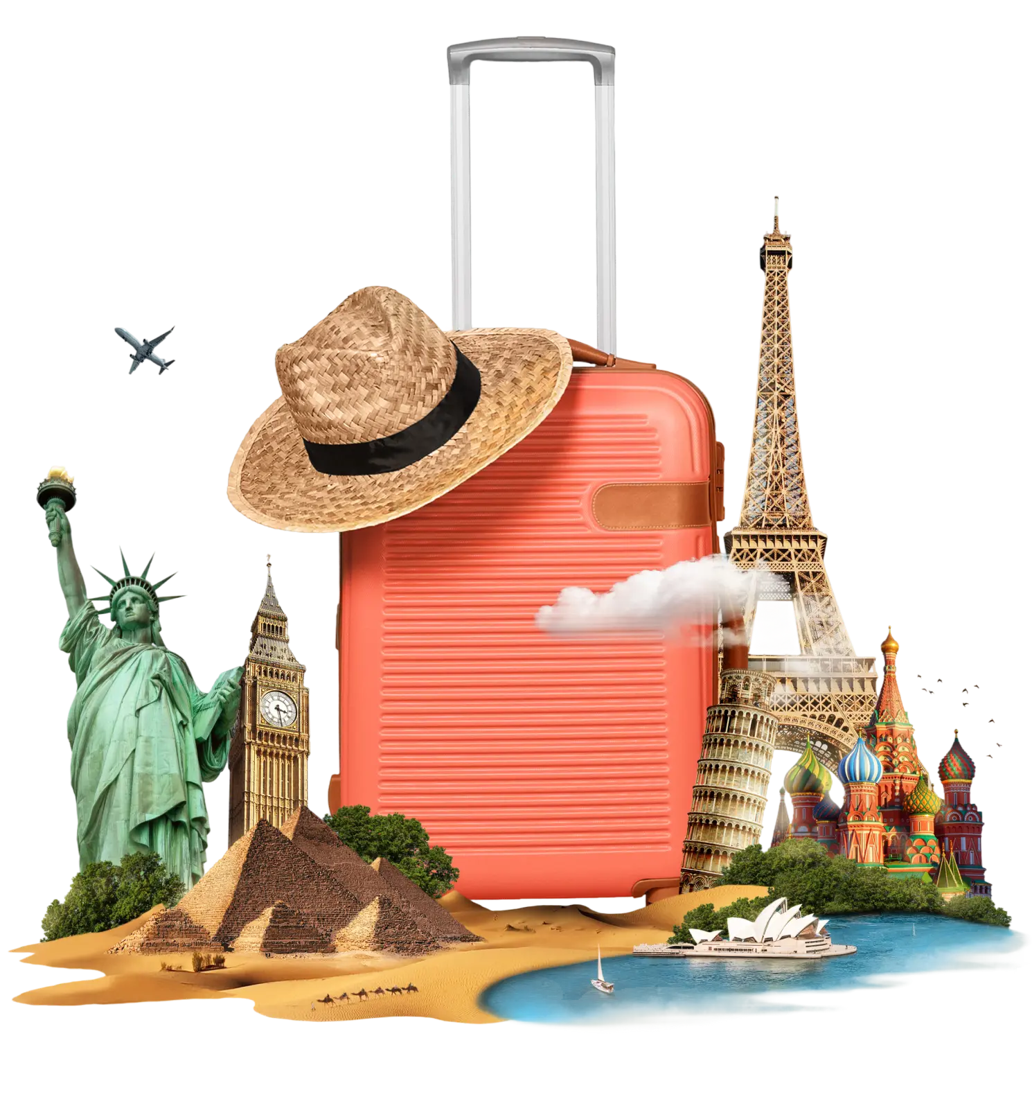 Collage of travel landmarks with a suitcase