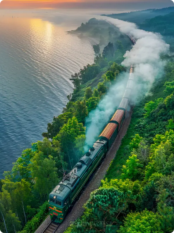 Train through misty mountains